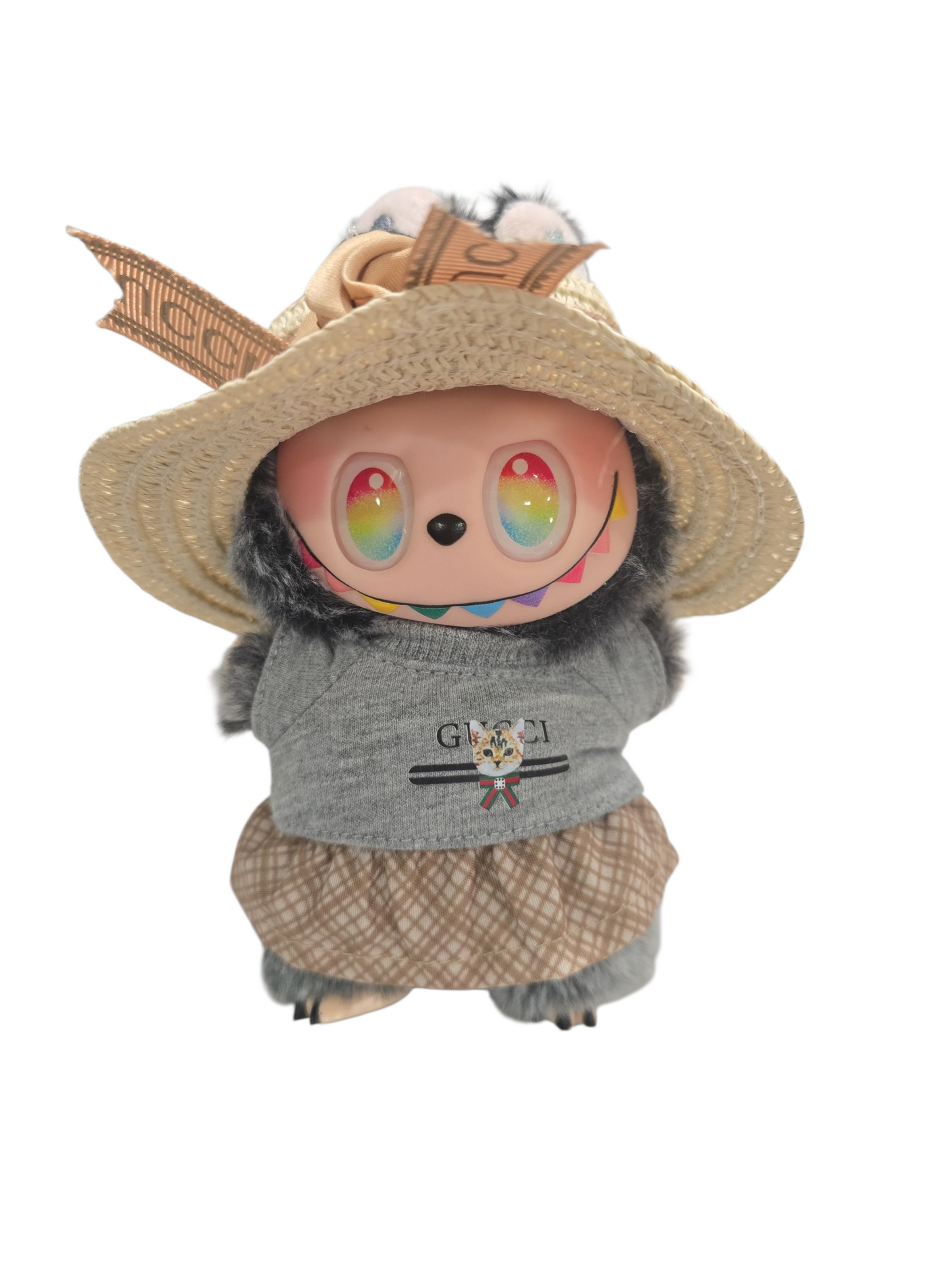 Labubu GG inspired straw hat and sweater set with plaid skirt.
