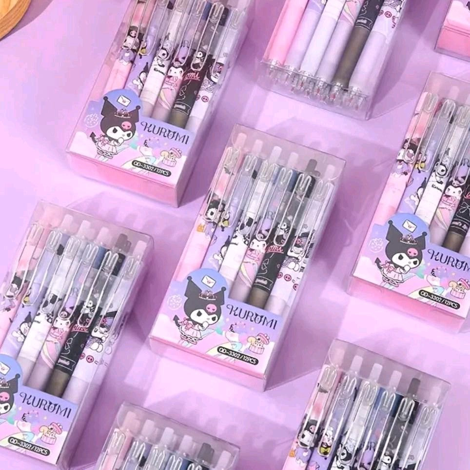 12 pcs Kuromi Cartoon Character Gel Pens - Cute Boxed Press Water-based Pen for Office Signature and Stationery - School and Office Supplies