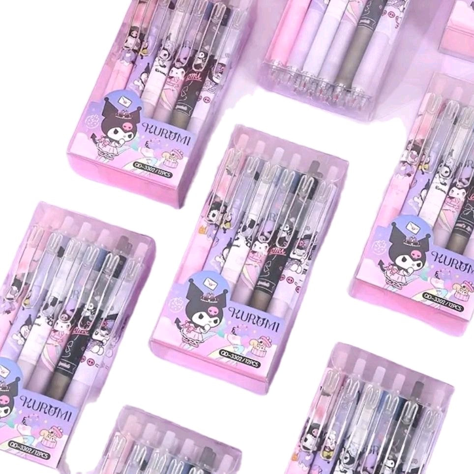 12 pcs Kuromi Cartoon Character Gel Pens - Cute Boxed Press Water-based Pen for Office Signature and Stationery - School and Office Supplies