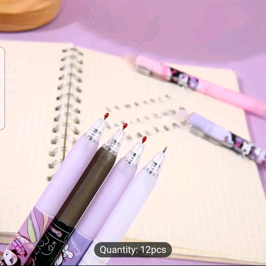 12 pcs Kuromi Cartoon Character Gel Pens - Cute Boxed Press Water-based Pen for Office Signature and Stationery - School and Office Supplies