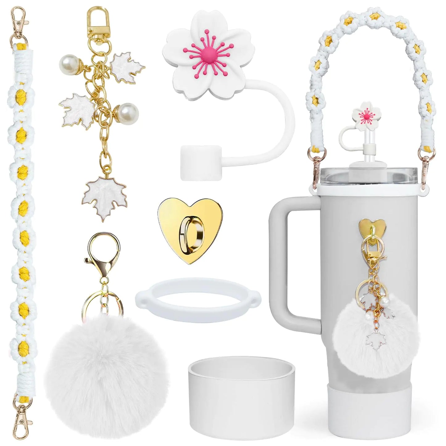 Stanley Cup Accessories Set-Woven Water Bottle Handle Strap Siliocne Stanley Cup Boot Stanley Charms for Stanley Cup 40oz Tumbler，Straw Cover Cap(White)
