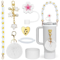 Stanley Cup Accessories Set-Woven Water Bottle Handle Strap Siliocne Stanley Cup Boot Stanley Charms for Stanley Cup 40oz Tumbler，Straw Cover Cap(White)