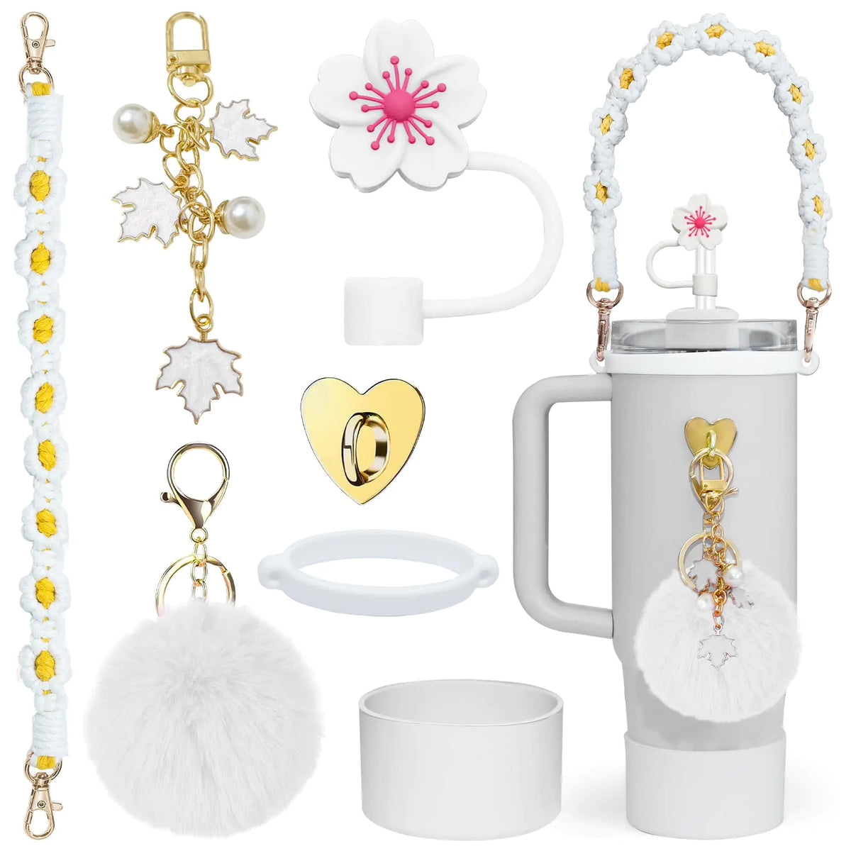 Stanley Cup Accessories Set-Woven Water Bottle Handle Strap Siliocne Stanley Cup Boot Stanley Charms for Stanley Cup 40oz Tumbler，Straw Cover Cap(White)