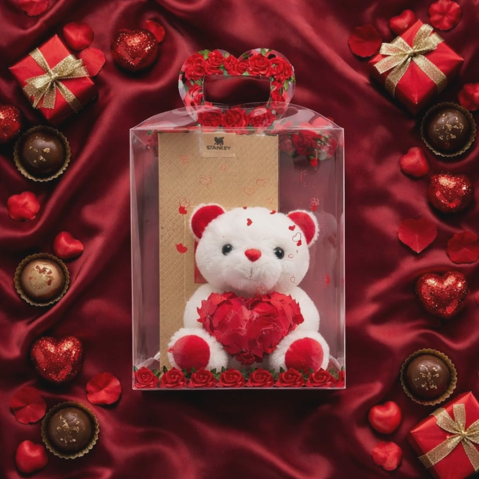 Valentine's basket red stanley and plushie build voice all together