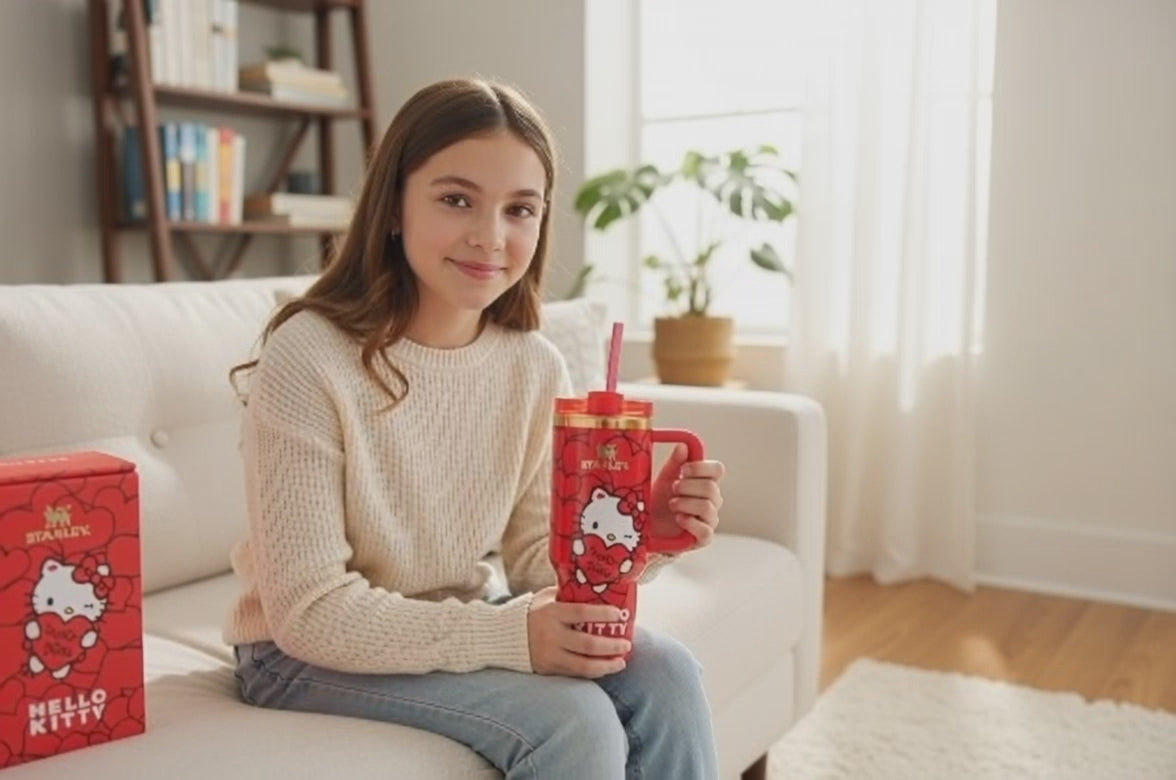 Hello kitty custom tumbler hearts edition cup 40oz quencher with decals decoration with straw, straw topper, elegant box and bag