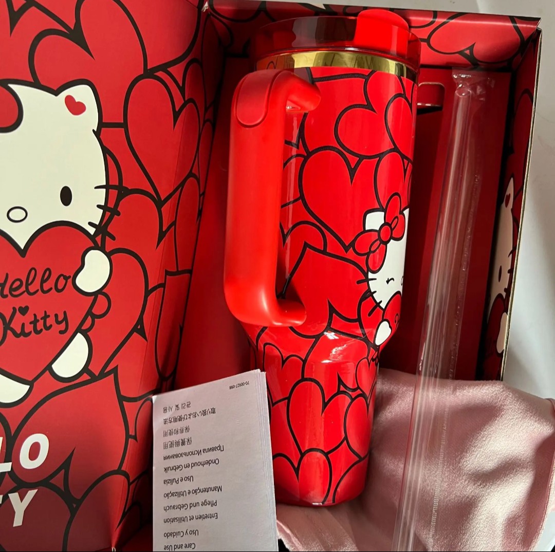 Hello kitty custom tumbler hearts edition cup 40oz quencher with decals decoration with straw, straw topper, elegant box and bag