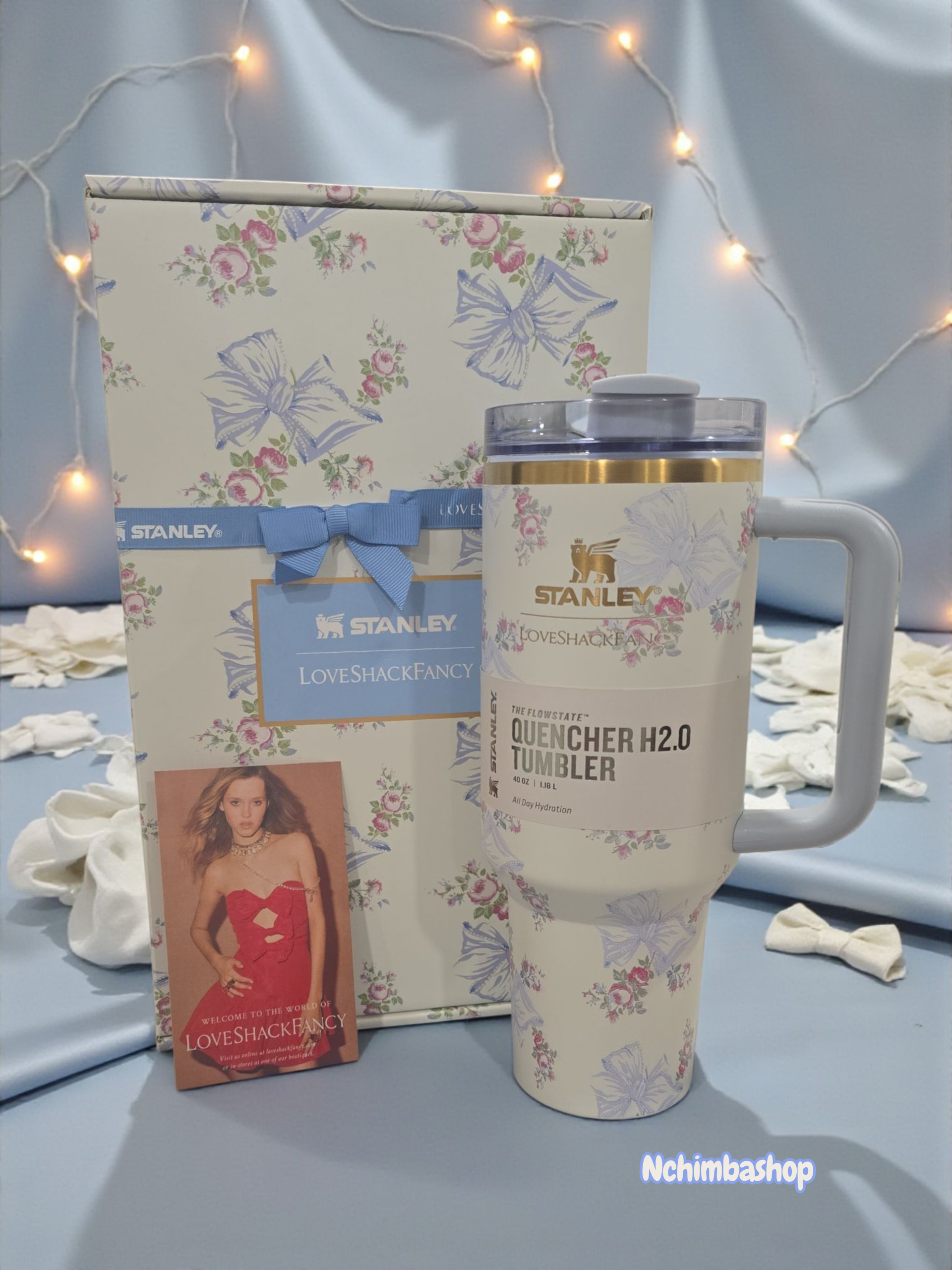 The X LoveShackFancy Blue Bows Holiday Quencher | 40 OZ new tumbler bottle water vacuum cup stainless steel valentines gift for her