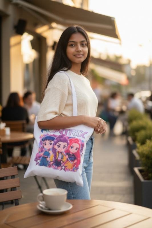 K-pop Demon Hunter tote bag, Huntrix Mia, Zoey, Rumi characters with zipper kpop