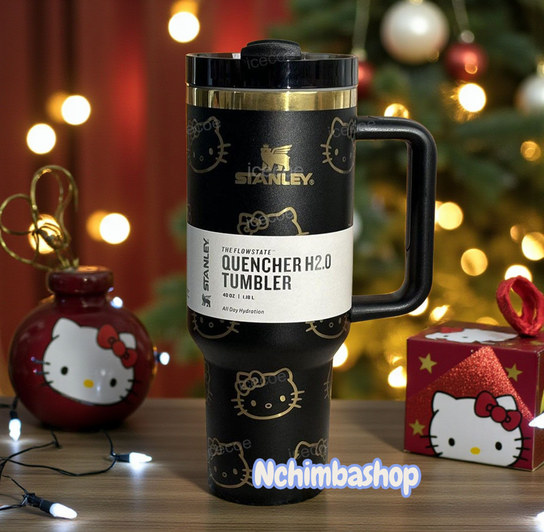 kitty tumber cup 40oz quencher with decals and laser engraved decoration with straw