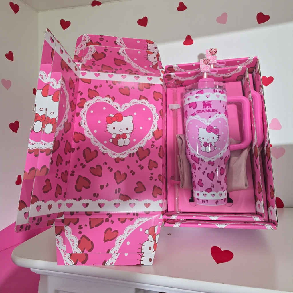 Valentine's kitty tumbler edition cup 40oz quencher with decals decoration with straw, straw topper, elegant box and bag