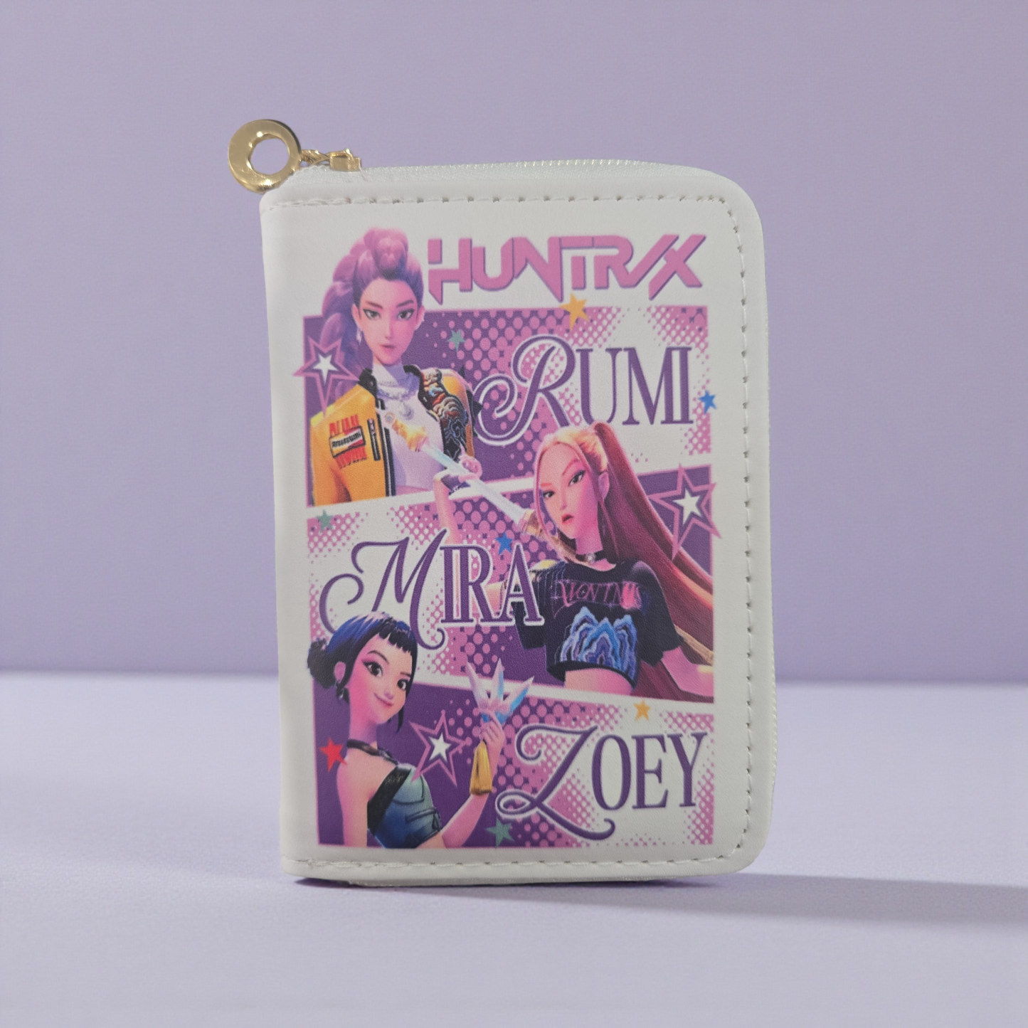Huntrix" K-pop demon hunter girl group themed wallet featuring the characters Rumi, Mira, and Zoey.