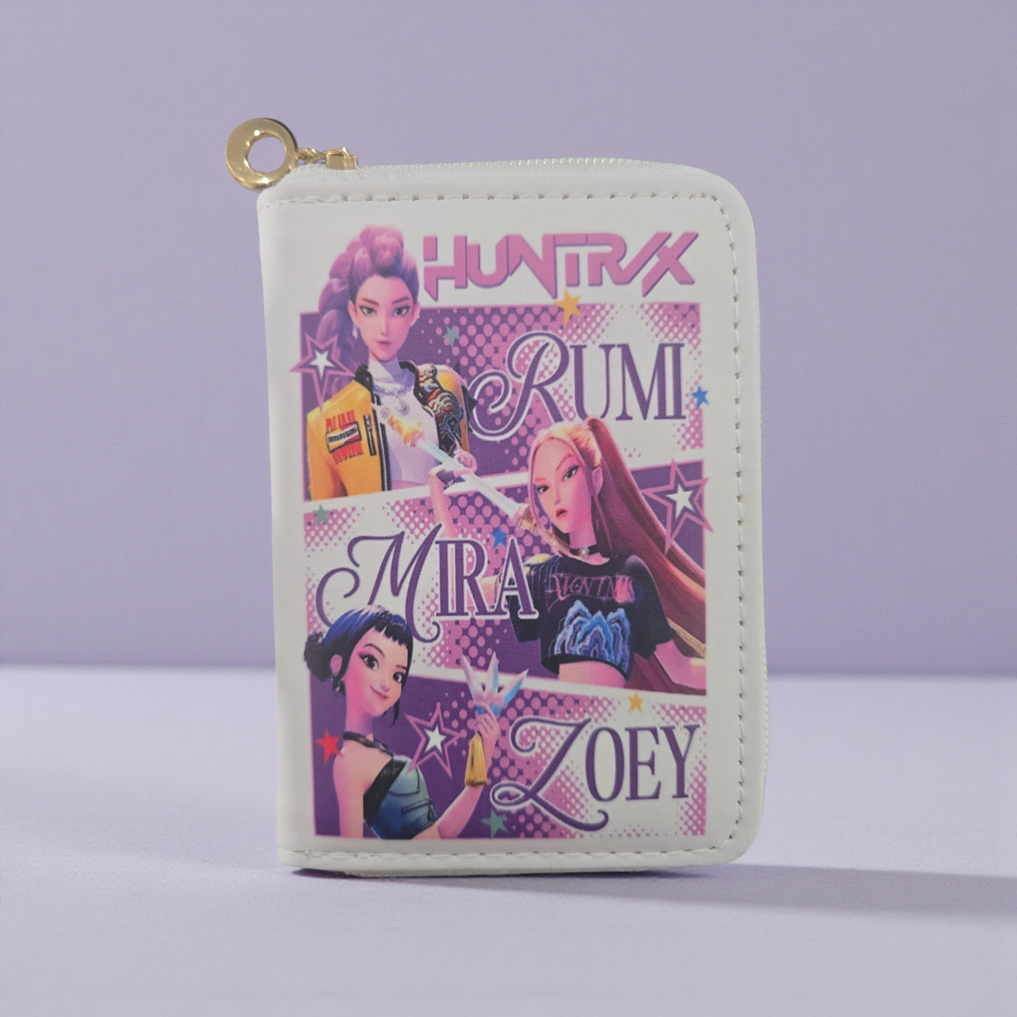 Huntrix" K-pop demon hunter girl group themed wallet featuring the characters Rumi, Mira, and Zoey.