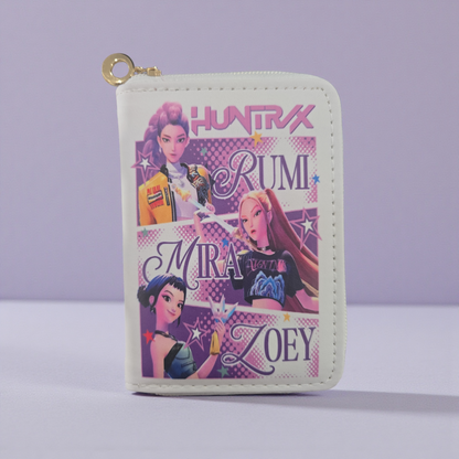 Huntrix" K-pop demon hunter girl group themed wallet featuring the characters Rumi, Mira, and Zoey.