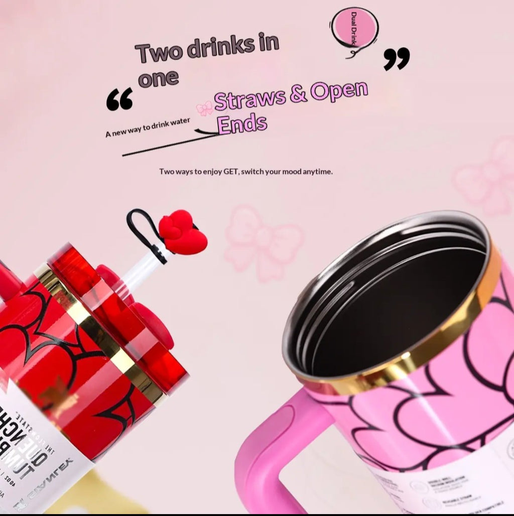 Hello kitty custom tumbler hearts edition cup 40oz quencher with decals decoration with straw, straw topper, elegant box and bag