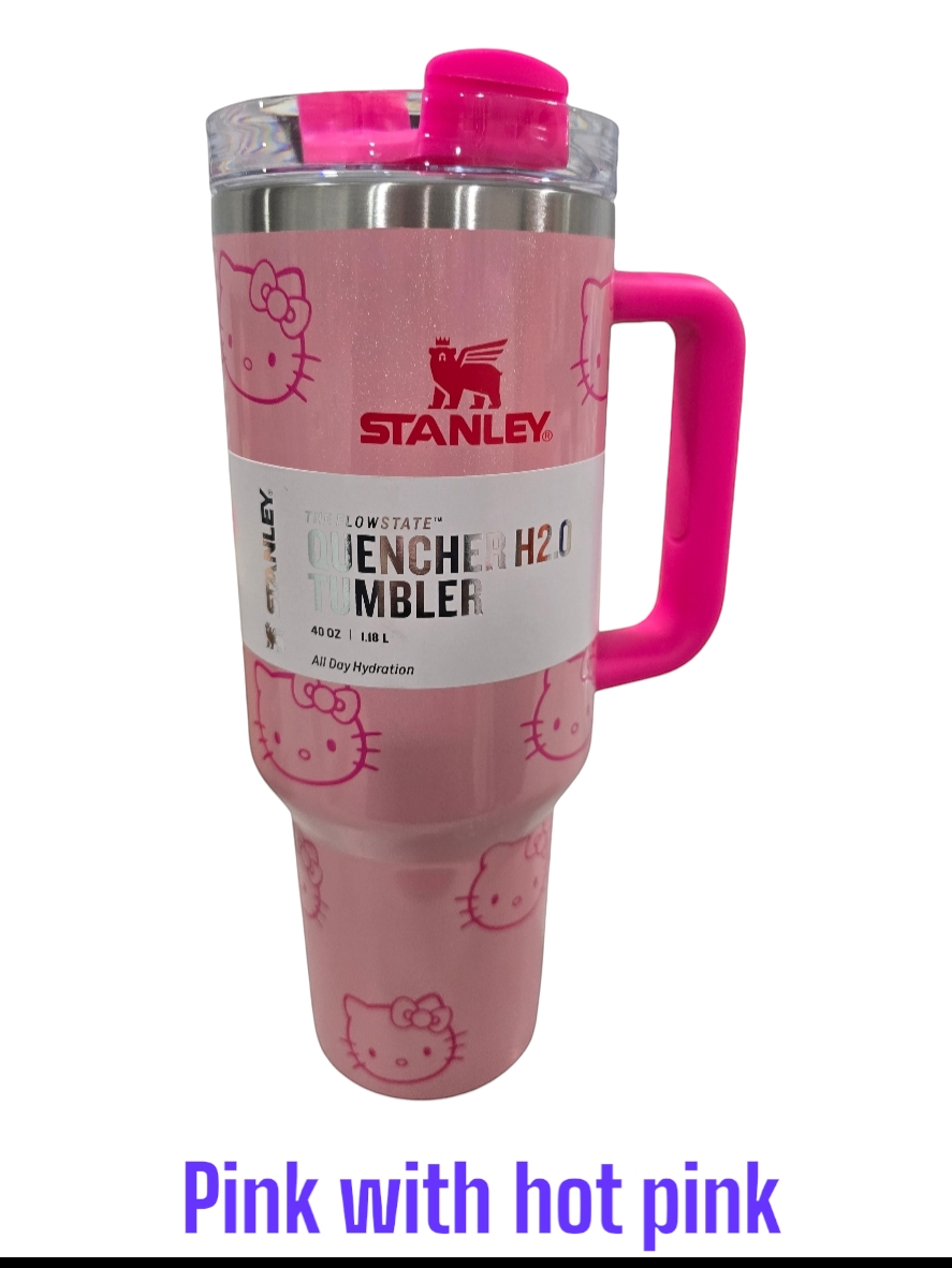 kitty tumber cup 40oz quencher with decals and laser engraved decoration with straw