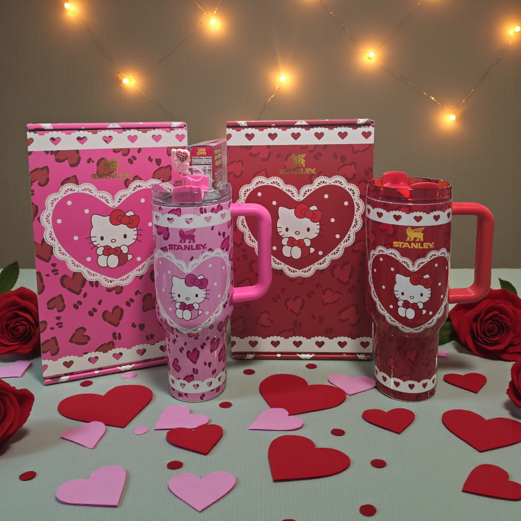 Valentine's kitty tumbler edition cup 40oz quencher with decals decoration with straw, straw topper, elegant box and bag