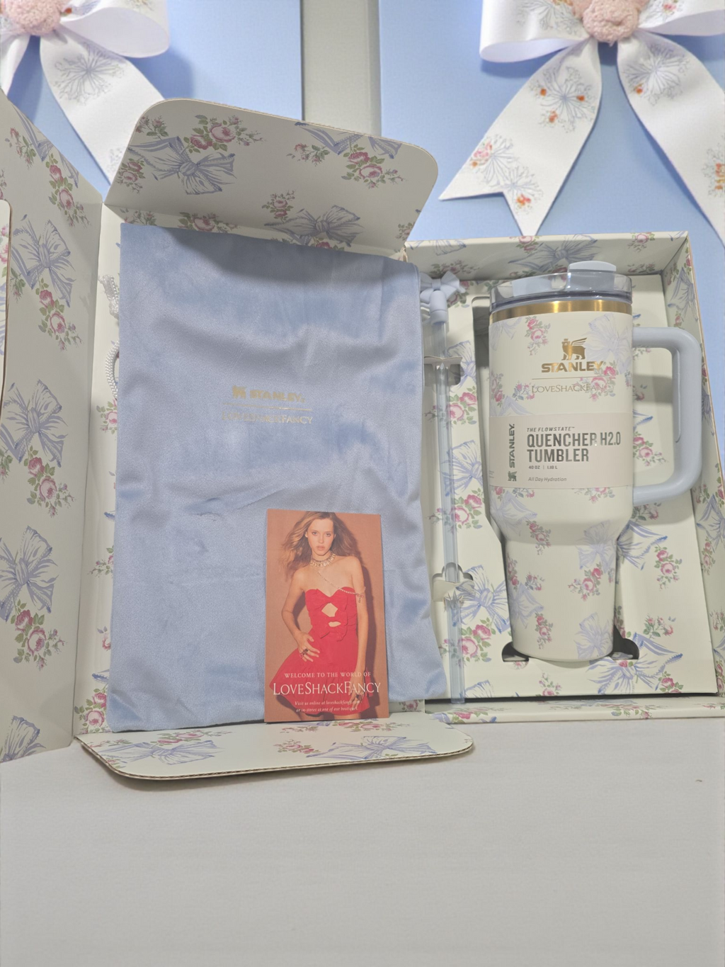 The X LoveShackFancy Blue Bows Holiday Quencher | 40 OZ new tumbler bottle water vacuum cup stainless steel valentines gift for her