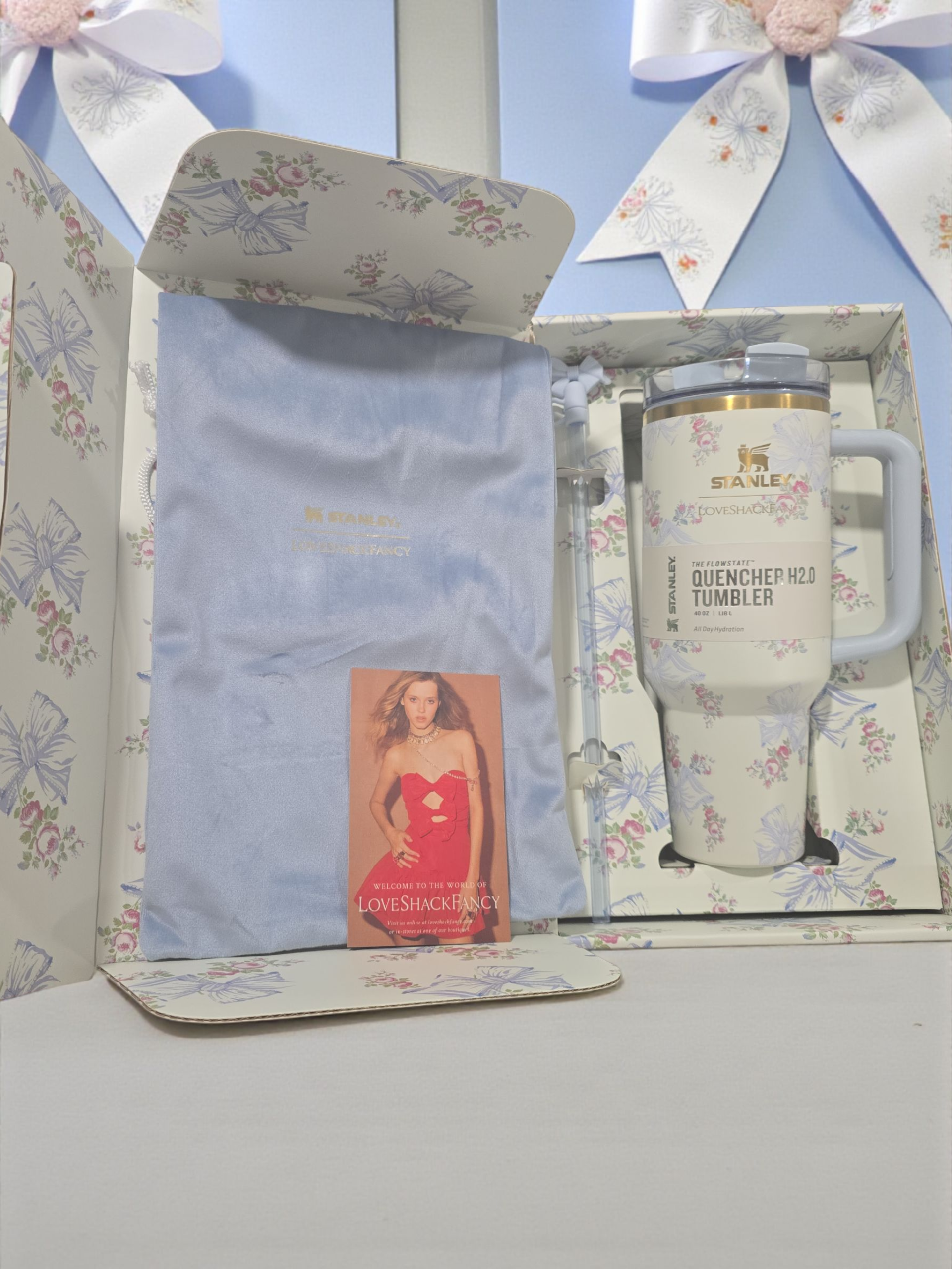 The X LoveShackFancy Blue Bows Holiday Quencher | 40 OZ new tumbler bottle water vacuum cup stainless steel valentines gift for her