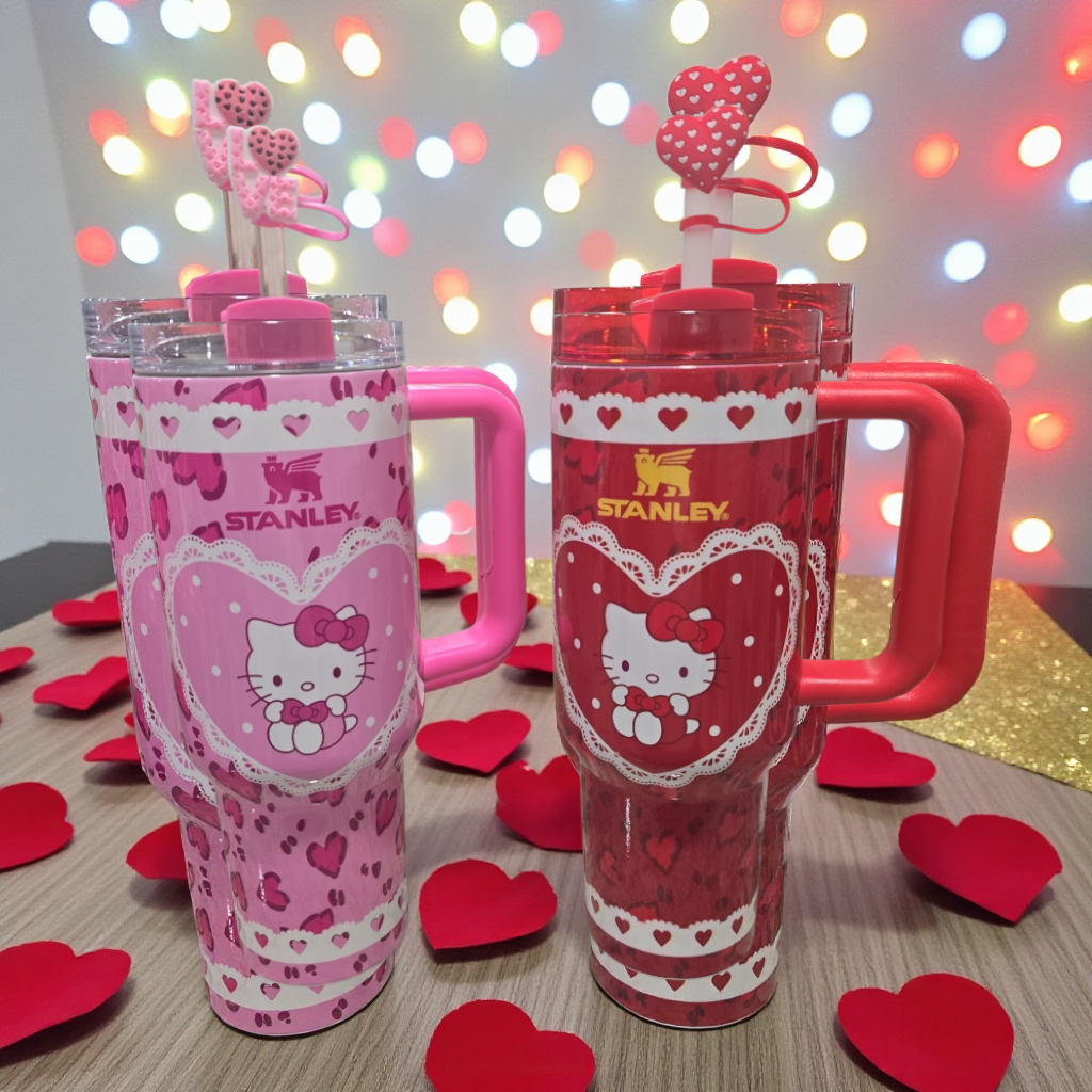 Valentine's kitty tumbler edition cup 40oz quencher with decals decoration with straw, straw topper, elegant box and bag