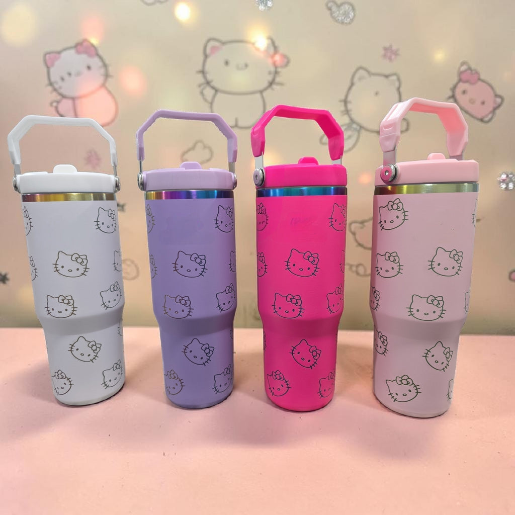 Hello kitty kawaii style laser engraved tumbler cup water 30oz with handle easy carrier.