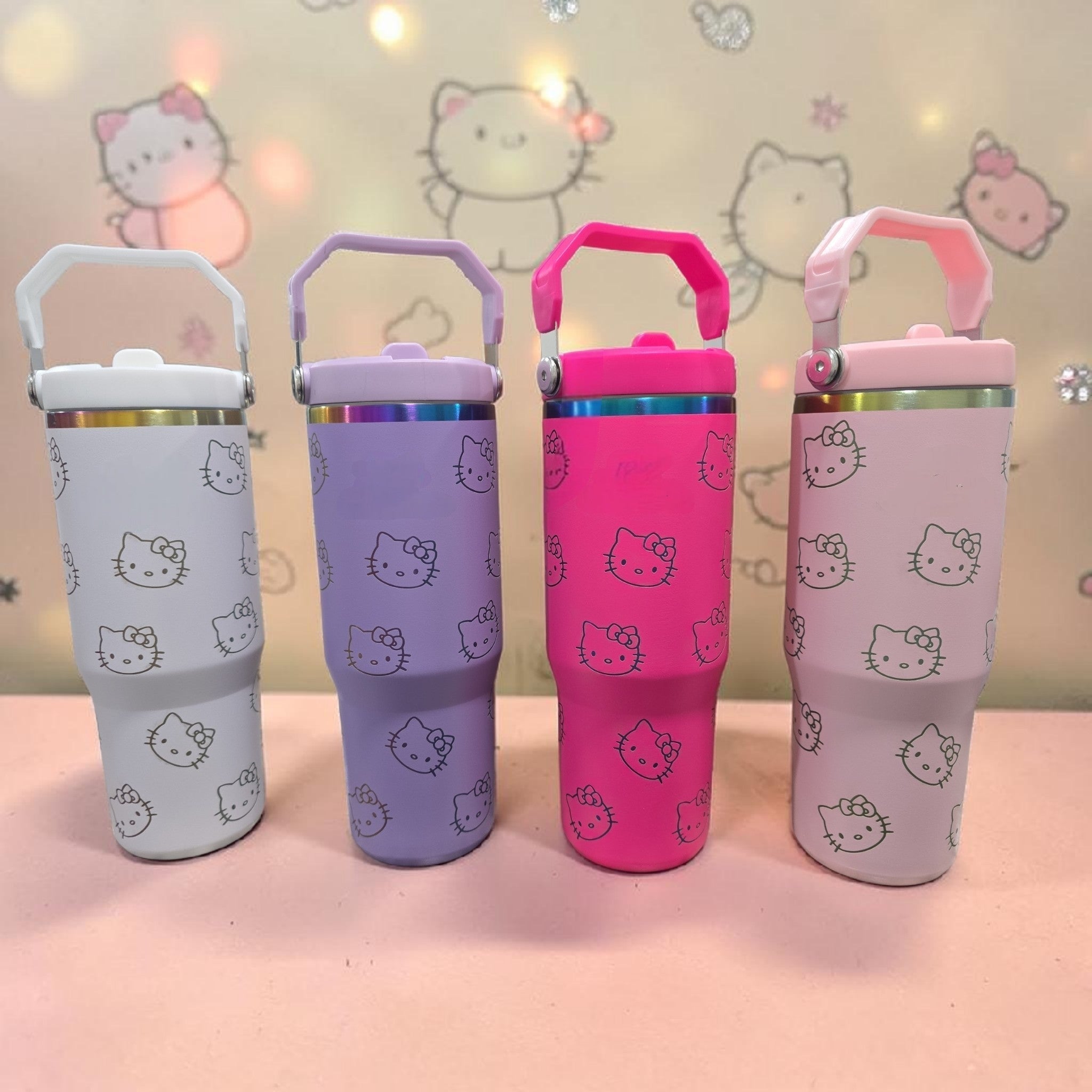 Hello kitty kawaii style laser engraved tumbler cup water 30oz with handle easy carrier.