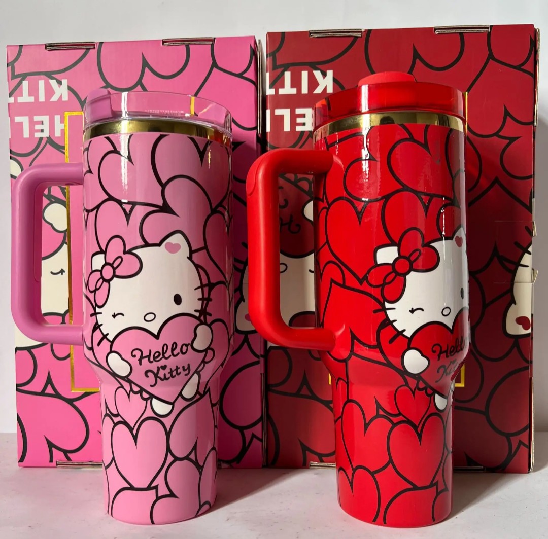 Hello kitty custom tumbler hearts edition cup 40oz quencher with decals decoration with straw, straw topper, elegant box and bag