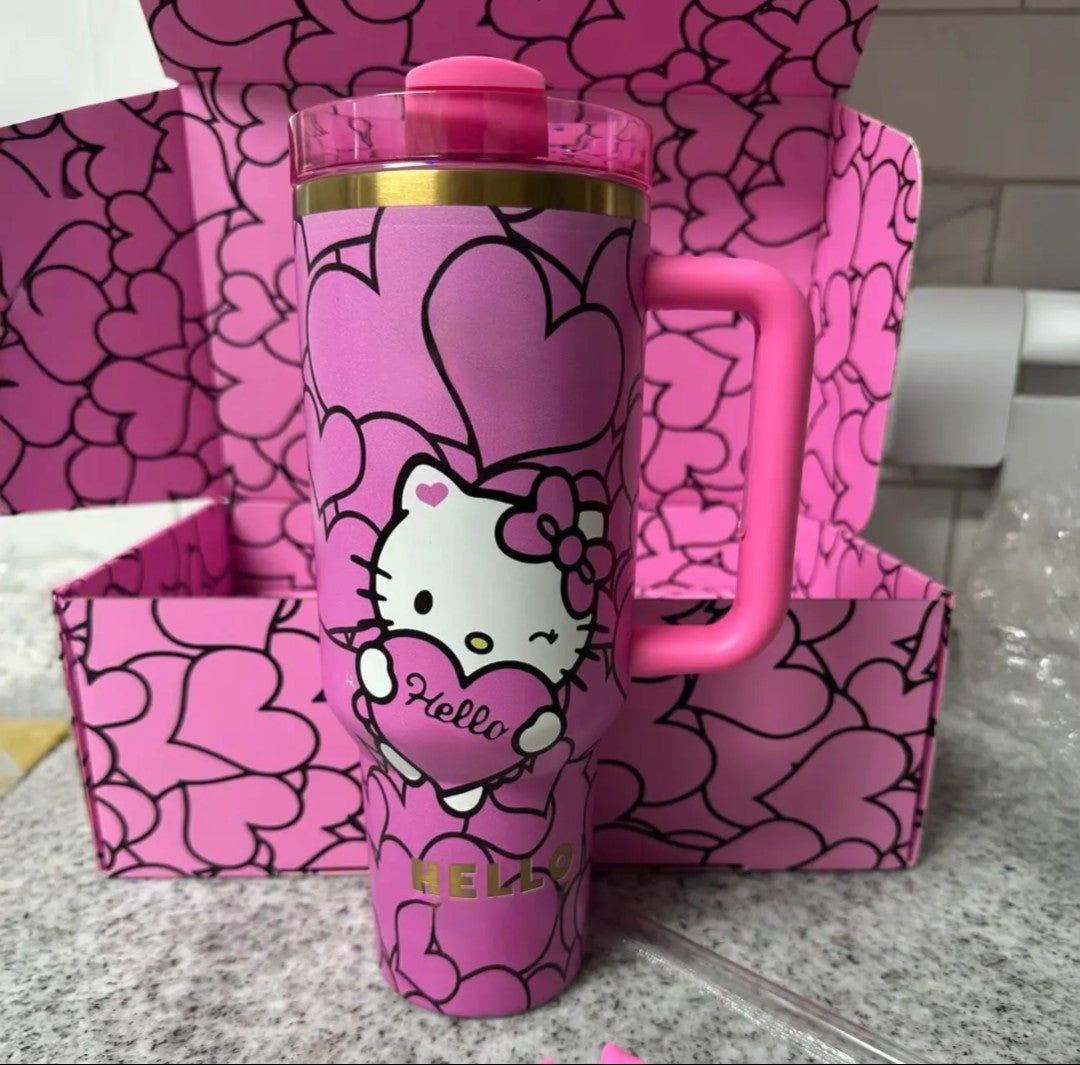 Hello kitty custom tumbler hearts edition cup 40oz quencher with decals decoration with straw, straw topper, elegant box and bag