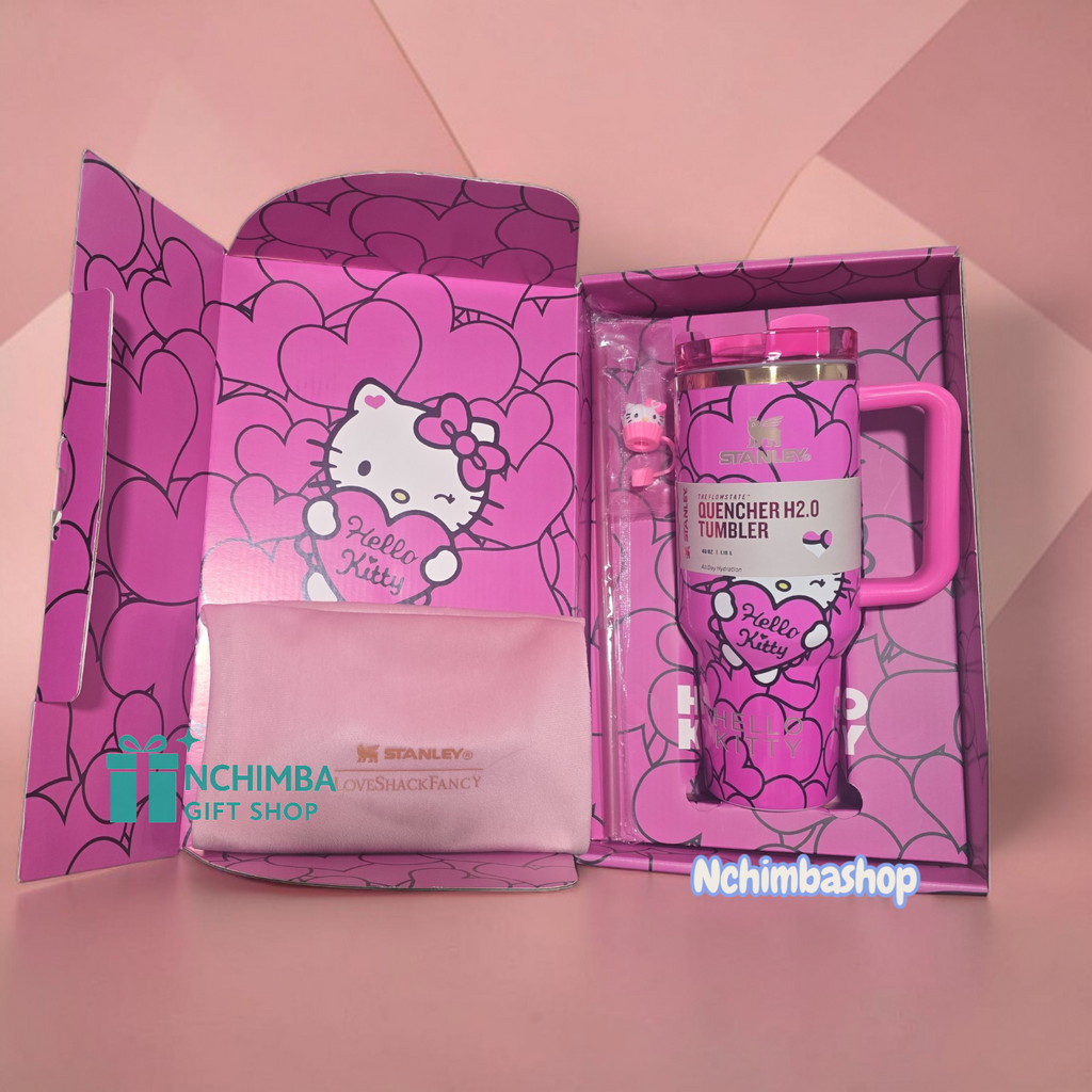 Hello kitty custom tumbler hearts edition cup 40oz quencher with decals decoration with straw, straw topper, elegant box and bag