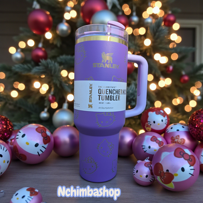 kitty tumber cup 40oz quencher with decals and laser engraved decoration with straw