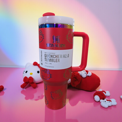 kitty tumber cup 40oz quencher with decals and laser engraved decoration with straw