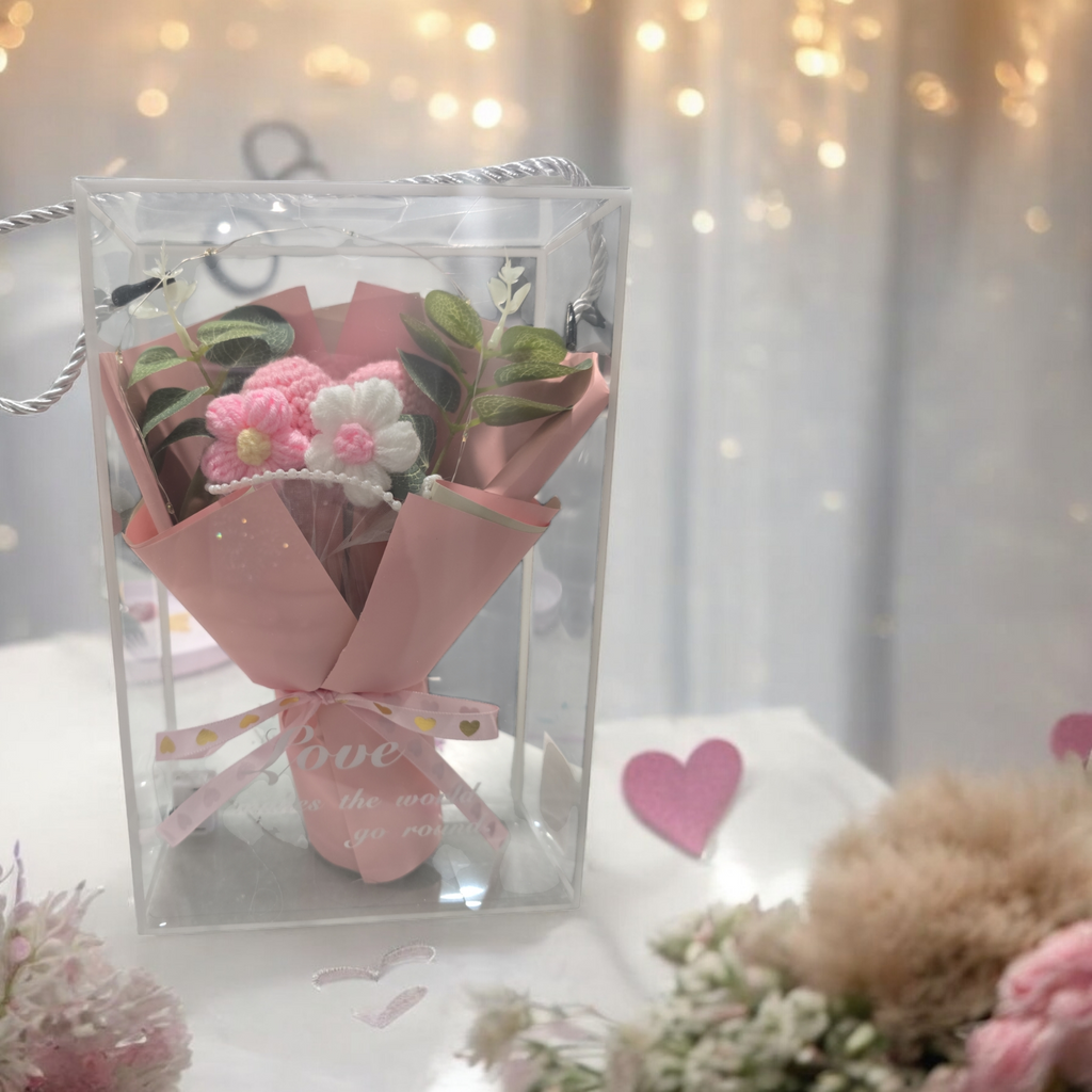 Gift box crochet roses bouquet led light gift in clear box