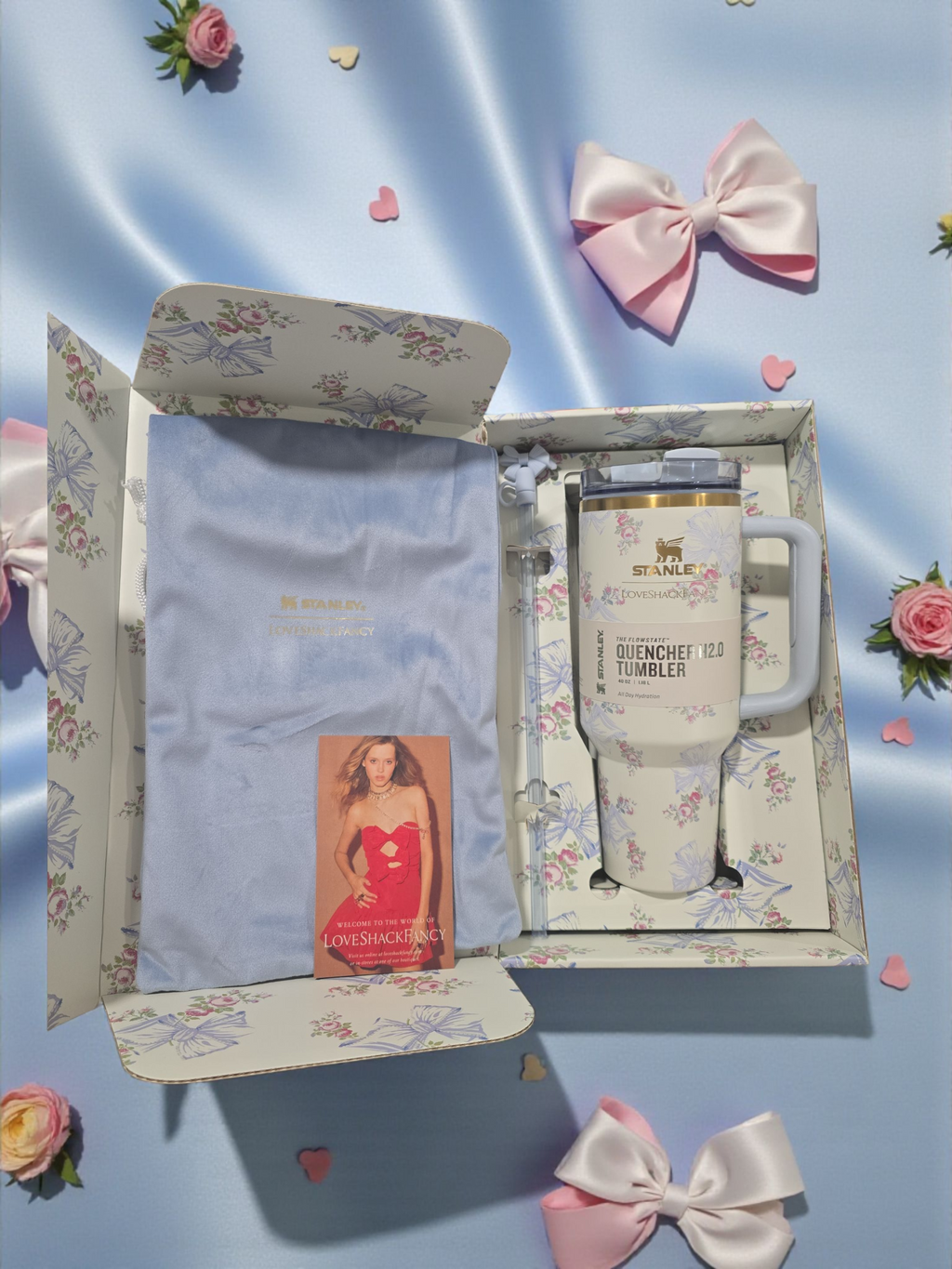 The X LoveShackFancy Blue Bows Holiday Quencher | 40 OZ new tumbler bottle water vacuum cup stainless steel valentines gift for her