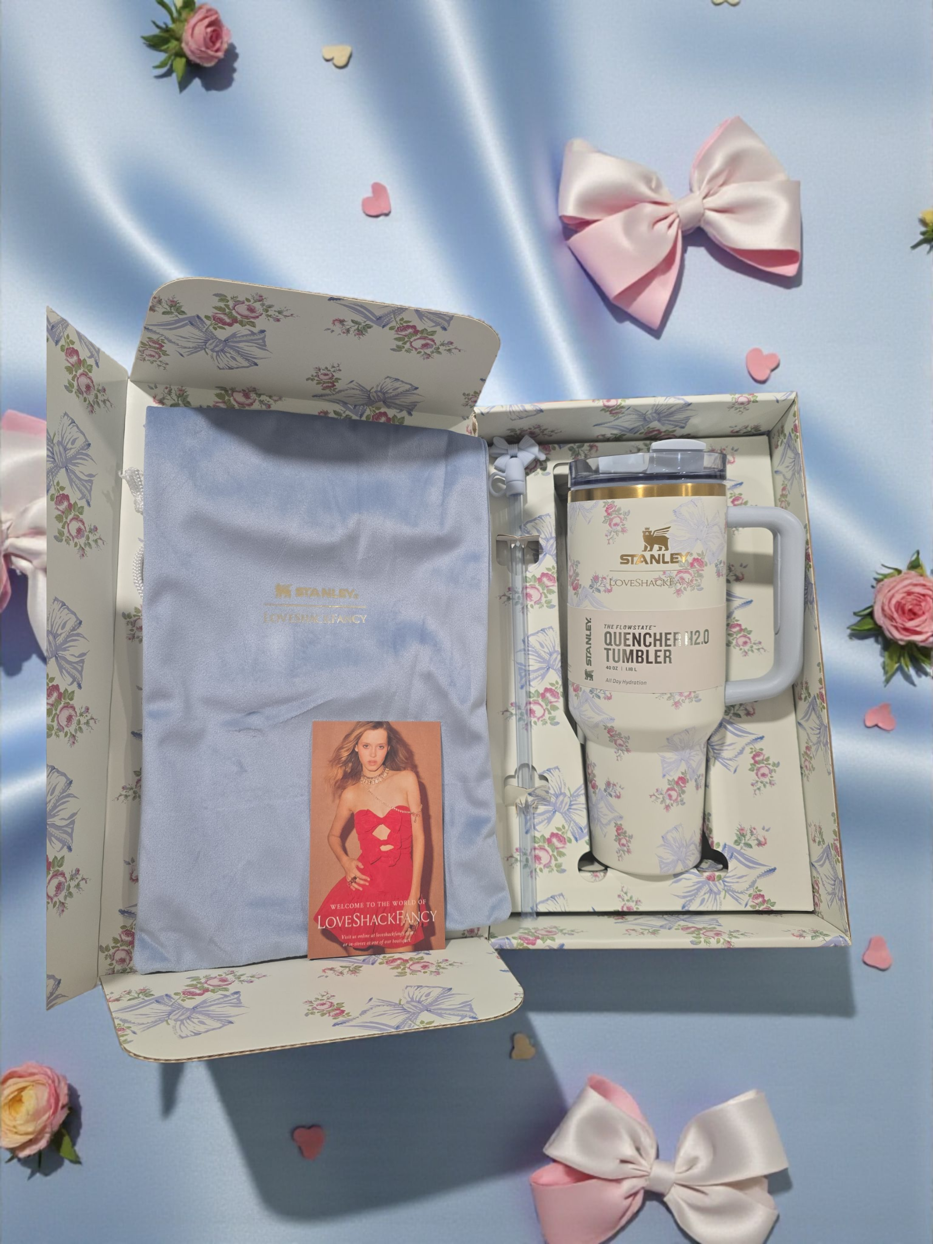 The X LoveShackFancy Blue Bows Holiday Quencher | 40 OZ new tumbler bottle water vacuum cup stainless steel valentines gift for her