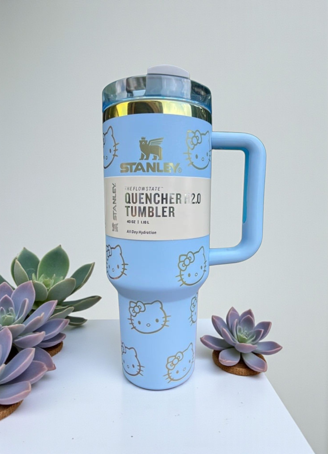 kitty tumber cup 40oz quencher with decals and laser engraved decoration with straw