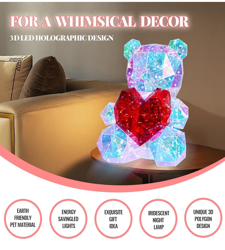 LED Light Up Bear Holographic Iridescent Lights Gift Low Poly Heart Bear Decoration Lights Led Lights Colorful Holiday Lighting Decorations USB Plug with QR Phone Control.(6x5x4.5)