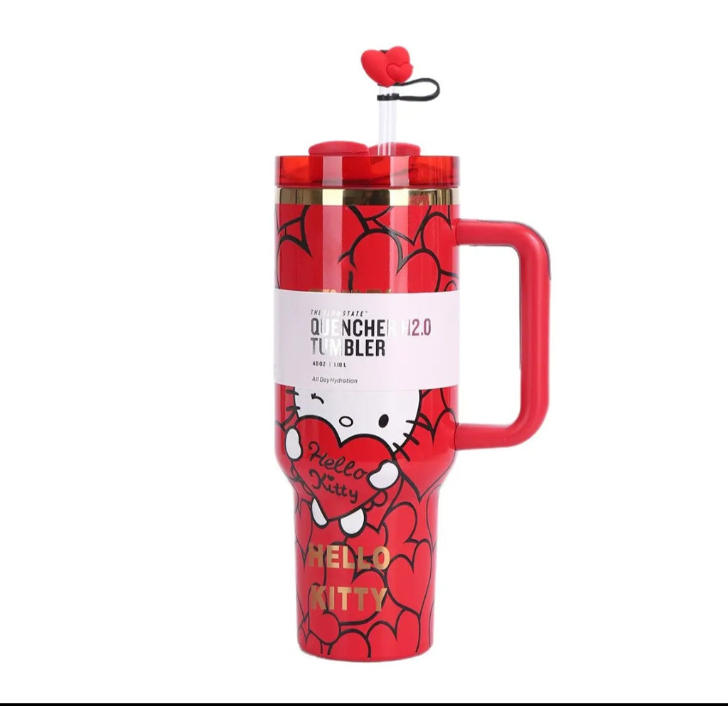 Hello kitty custom tumbler hearts edition cup 40oz quencher with decals decoration with straw, straw topper, elegant box and bag