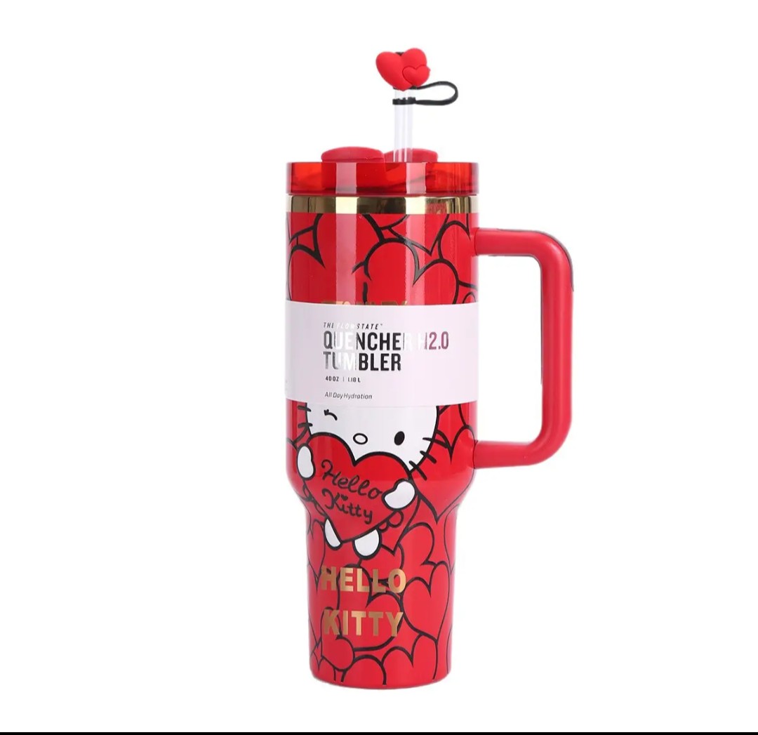 Hello kitty custom tumbler hearts edition cup 40oz quencher with decals decoration with straw, straw topper, elegant box and bag