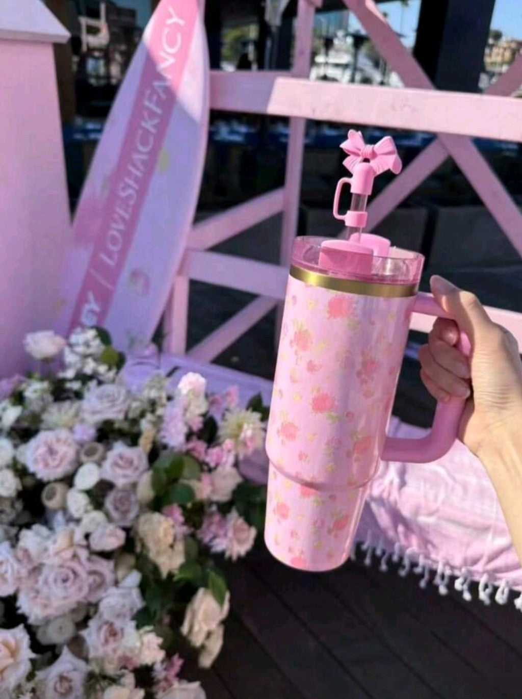 lbiza Sunset style LoveShackFancy Quencher H2.0 Flowstate Pink Tumbler | 40 OZ limited edition