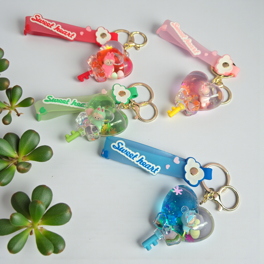 Cute Liquid Heart balloon Key Chain Creative Quicksand Snowflake Floating Jelly Bean Keyring Backpack Pendant KeychainGift