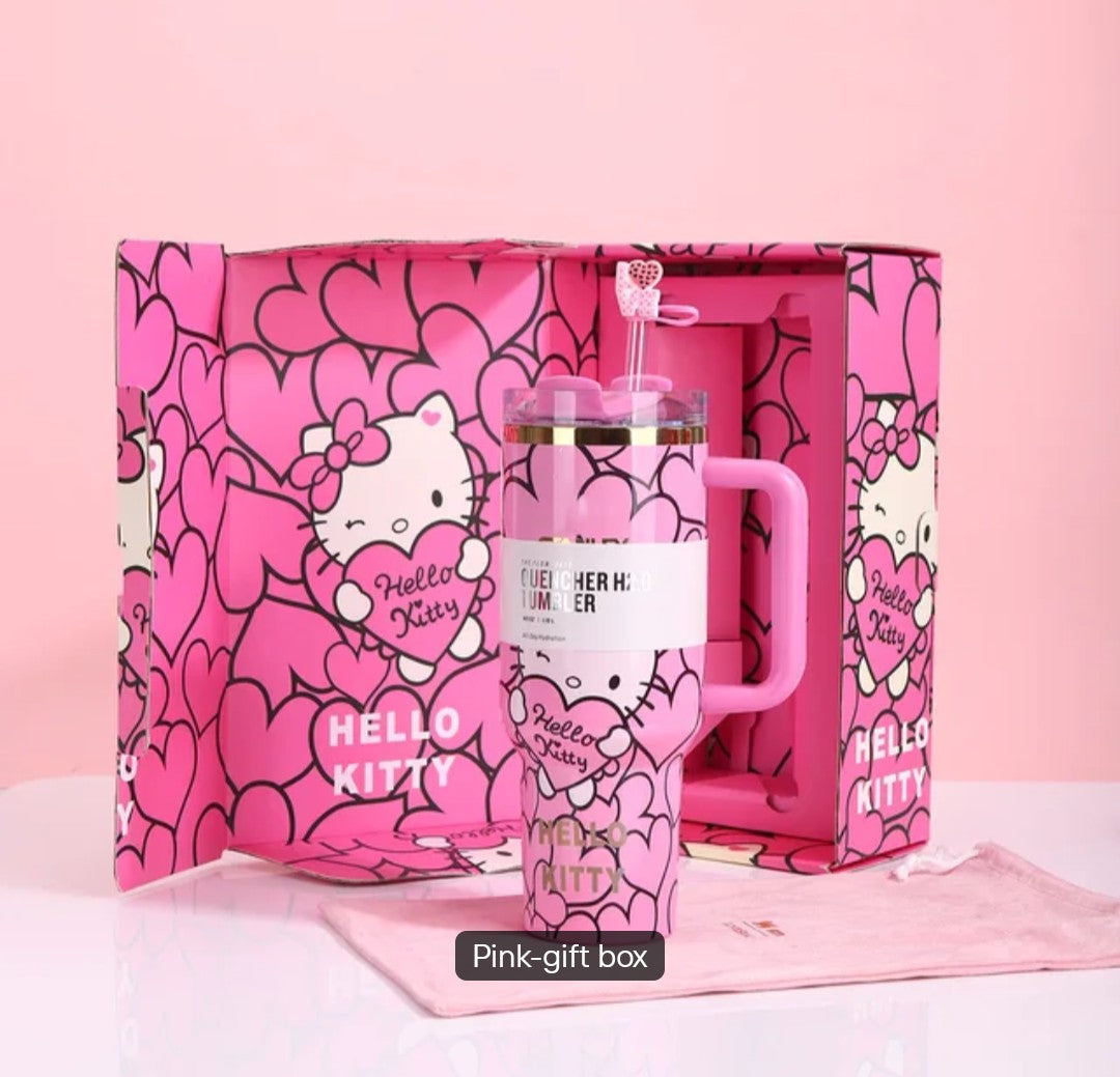 Hello kitty custom tumbler hearts edition cup 40oz quencher with decals decoration with straw, straw topper, elegant box and bag