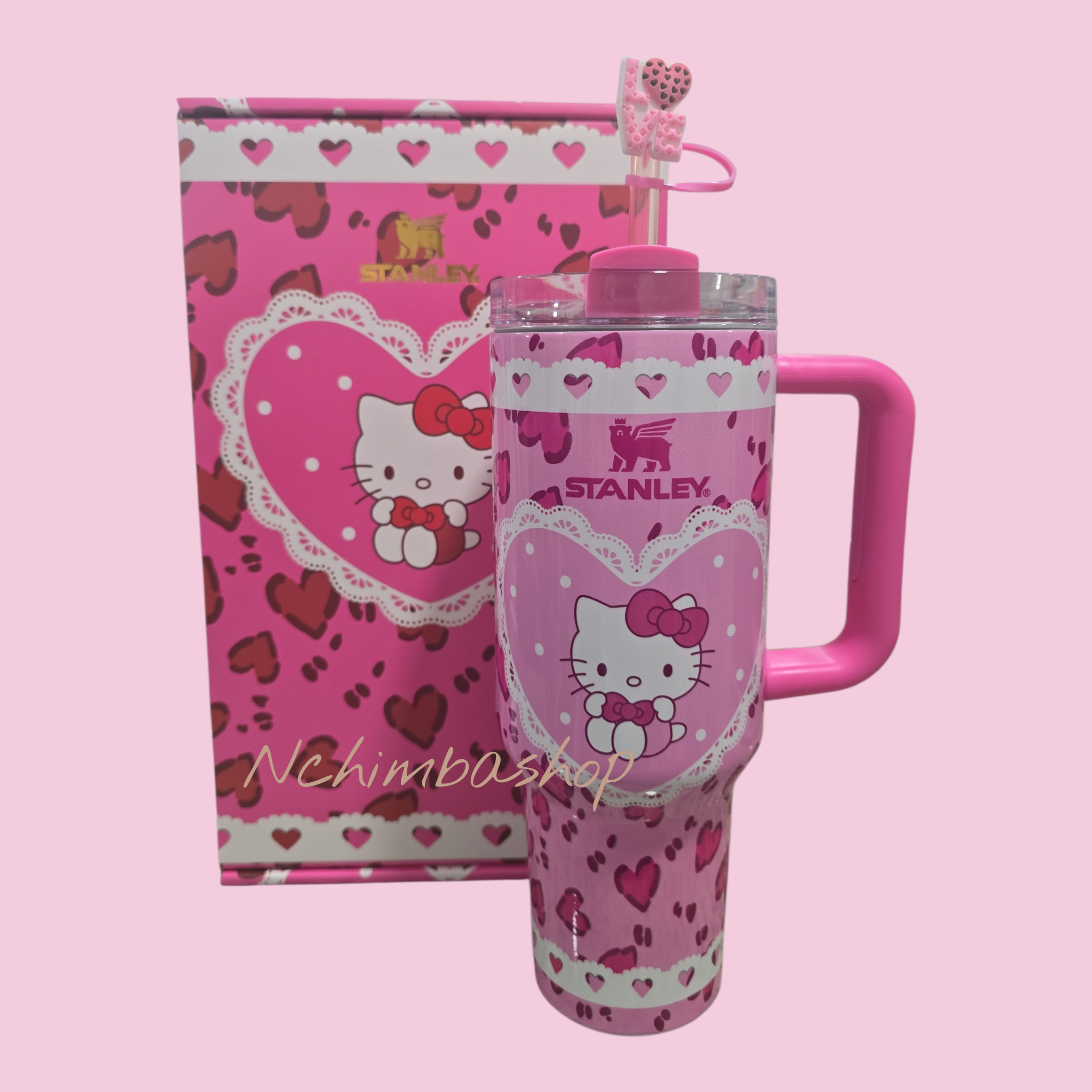 Valentine's kitty tumbler edition cup 40oz quencher with decals decoration with straw, straw topper, elegant box and bag