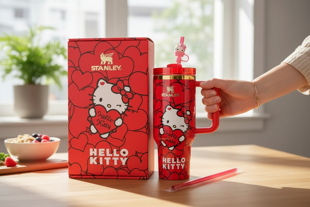 Hello kitty custom tumbler hearts edition cup 40oz quencher with decals decoration with straw, straw topper, elegant box and bag