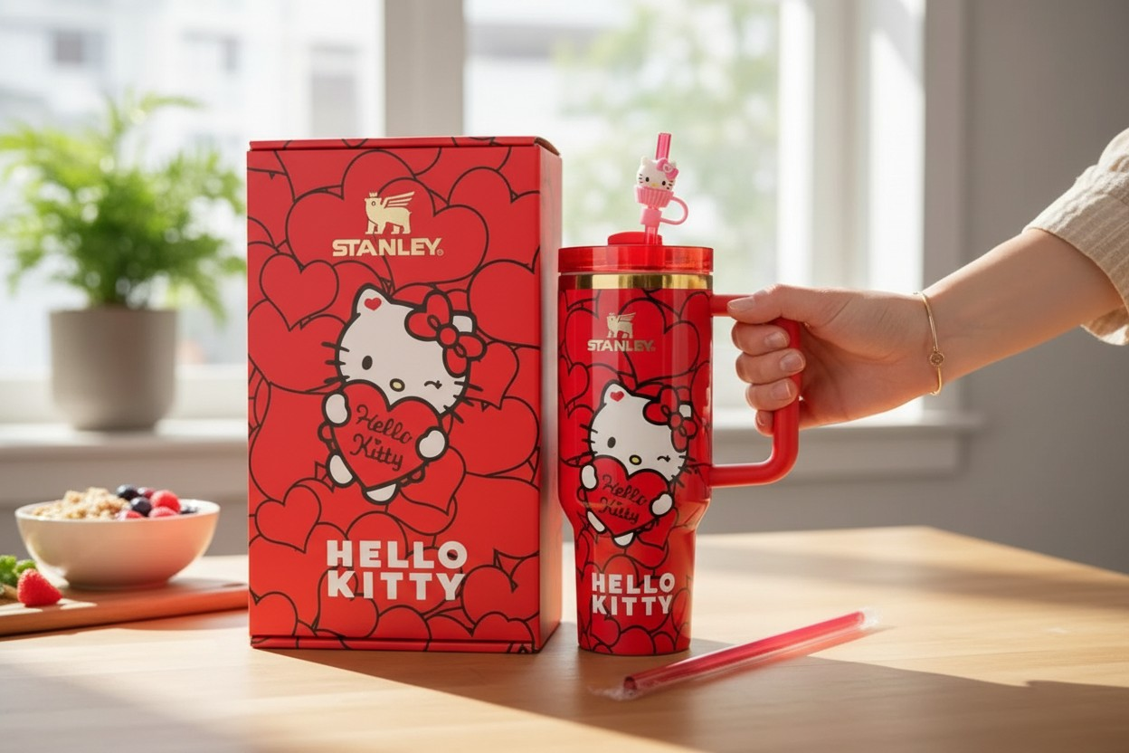 Hello kitty custom tumbler hearts edition cup 40oz quencher with decals decoration with straw, straw topper, elegant box and bag