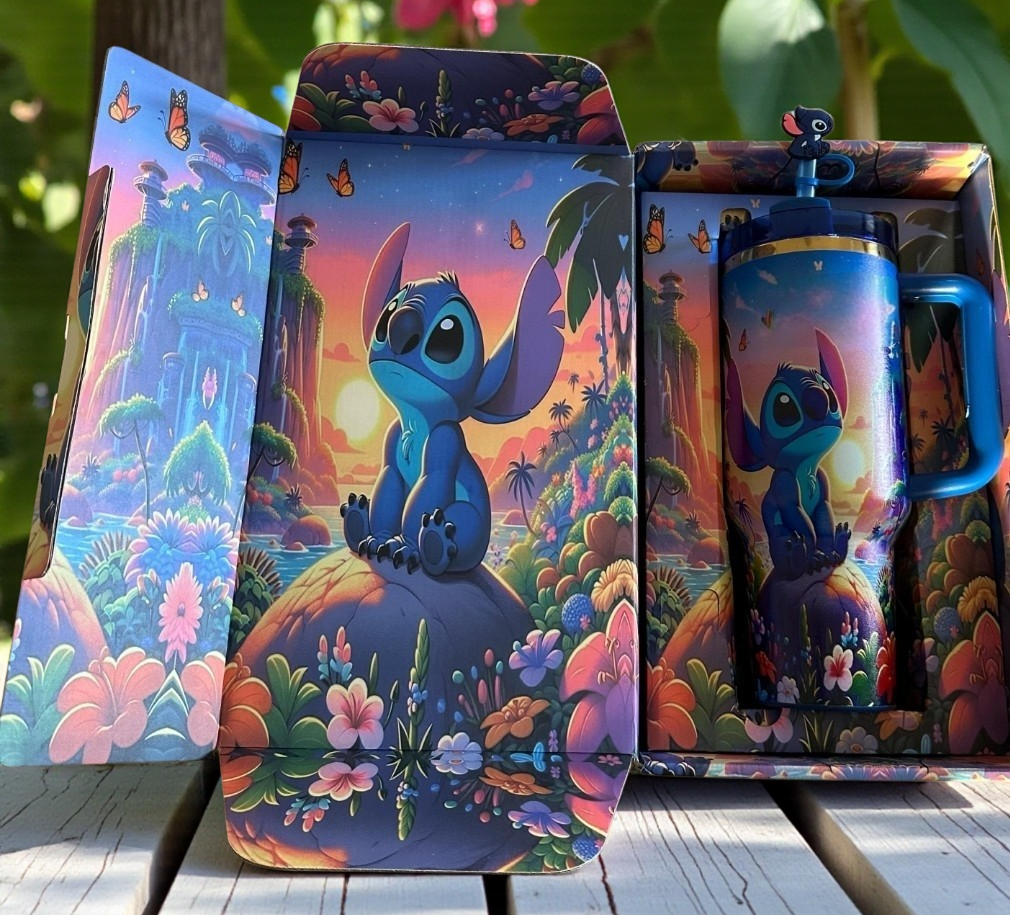 Stitch & Lilo Tumbler -40oz Custom Cup, Double-Wall, Leakproof Lid, Summer Water Bottle, Cute Gift. Quencher 40oz free stitch straw topper included elegant box.