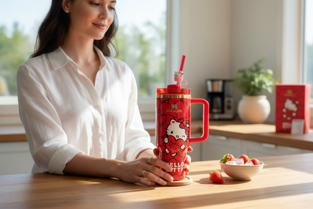 Hello kitty custom tumbler hearts edition cup 40oz quencher with decals decoration with straw, straw topper, elegant box and bag