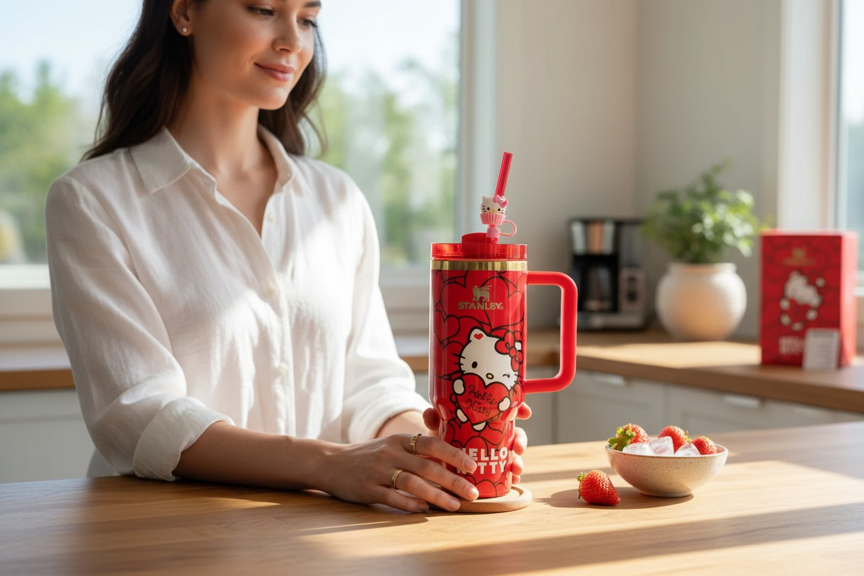 Hello kitty custom tumbler hearts edition cup 40oz quencher with decals decoration with straw, straw topper, elegant box and bag