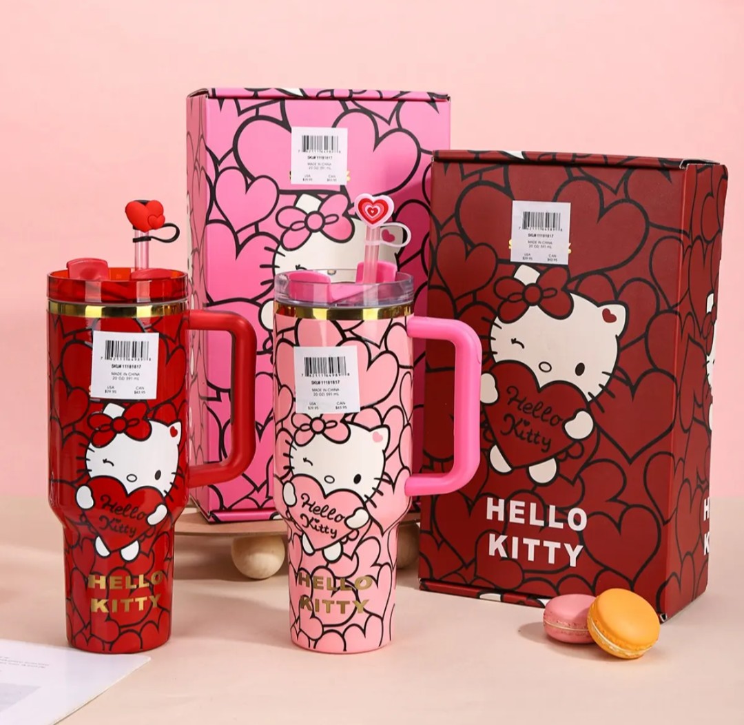 Hello kitty custom tumbler hearts edition cup 40oz quencher with decals decoration with straw, straw topper, elegant box and bag