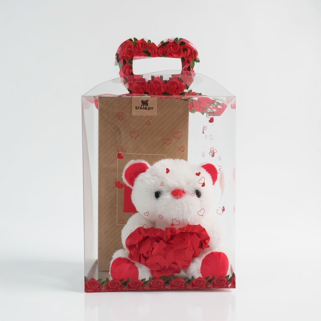 Valentine's basket red stanley and plushie build voice all together
