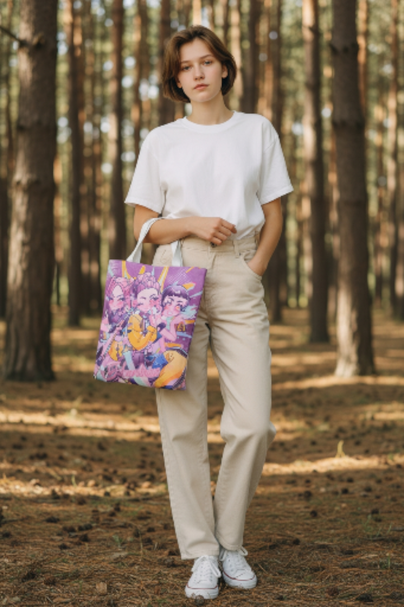 K-pop Demon Hunter tote bag, Huntrix Mia, Zoey, Rumi characters with zipper kpop