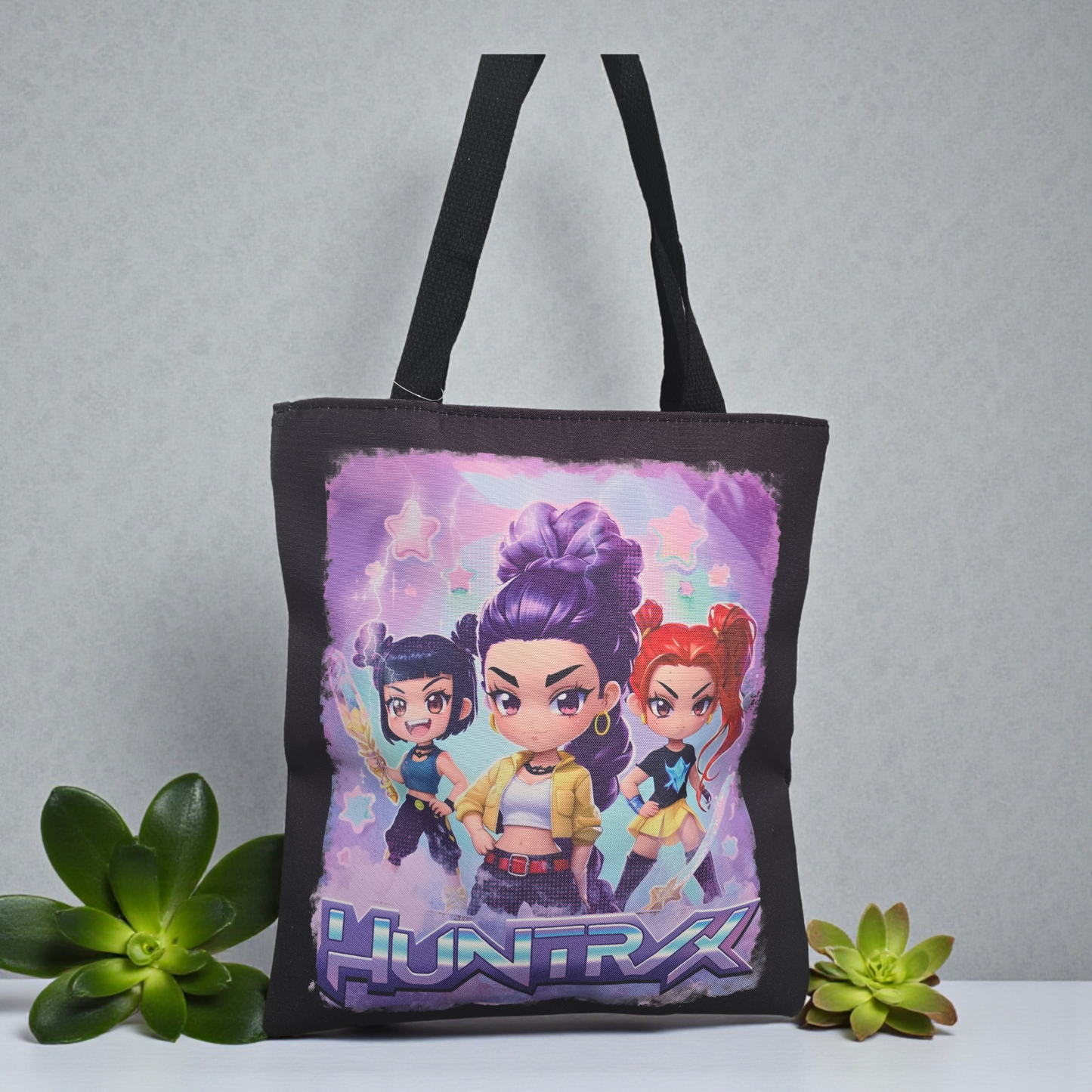 K-pop Demon Hunter tote bag, Huntrix Mia, Zoey, Rumi characters with zipper kpop